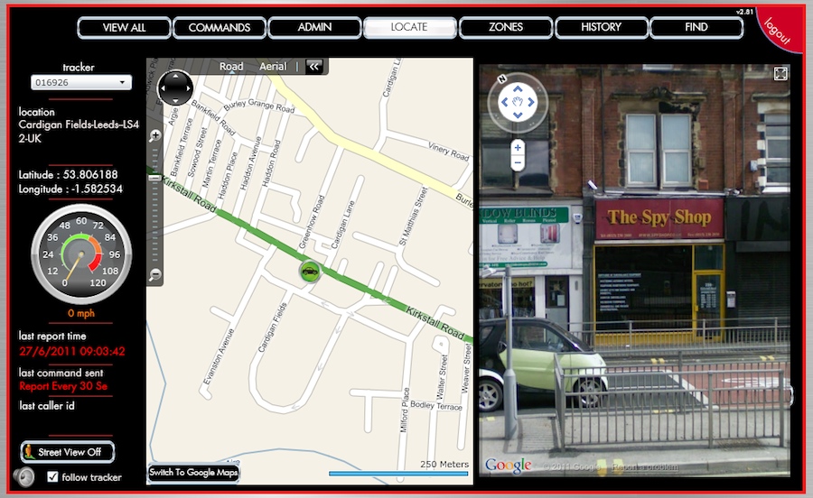 Our Tracking panel showing a device directly outside our shop!
